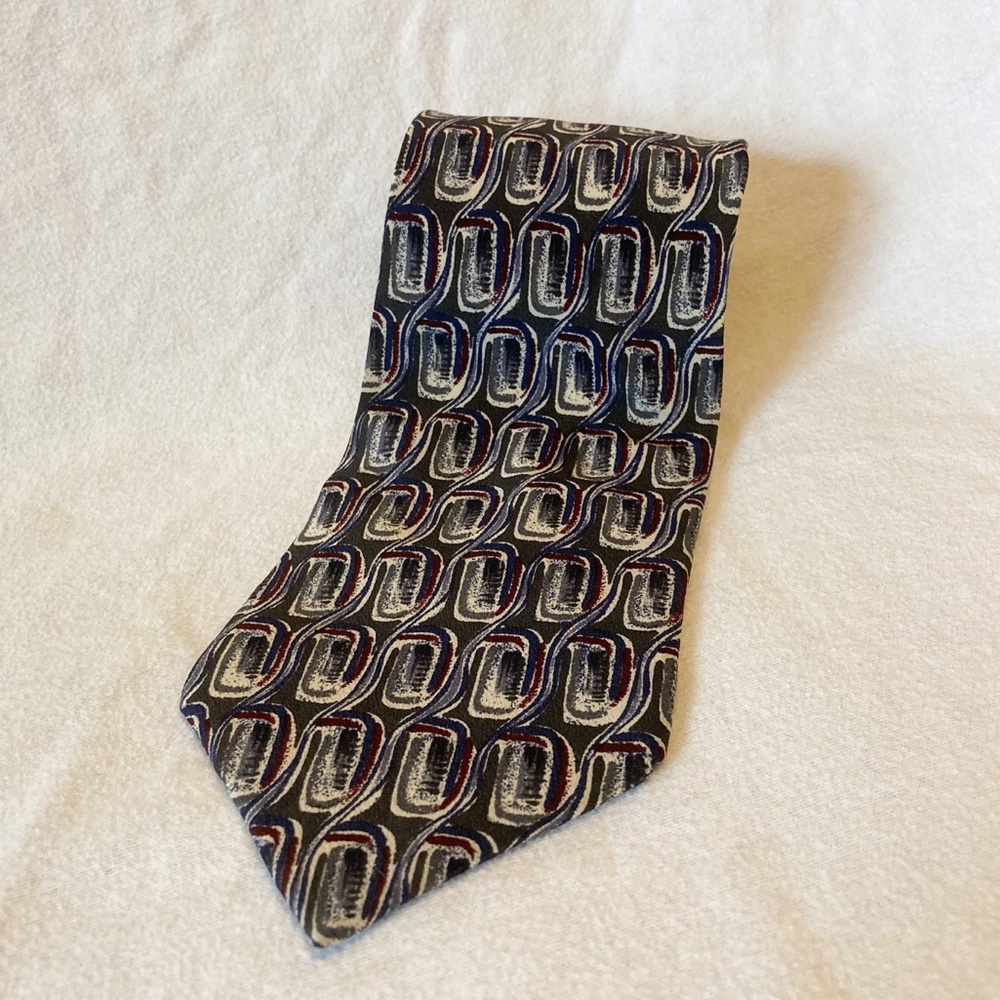 FREE IF BUNDLED Brandini Neck Tie Green & Cream Geometric 100% Silk One Size EUC